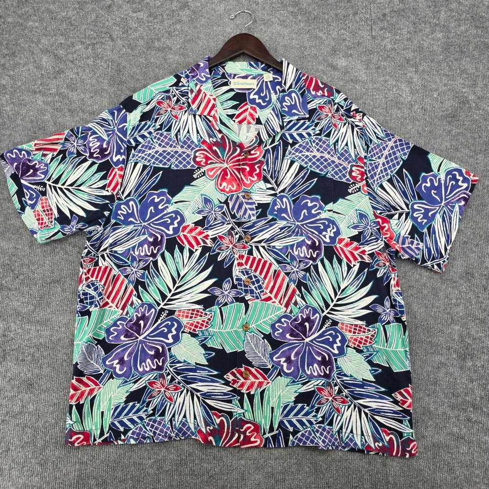 Caribbean Mens 2XB Tropical Floral Rayon Hawaiian Shirt Navy Blue Short Sleeve